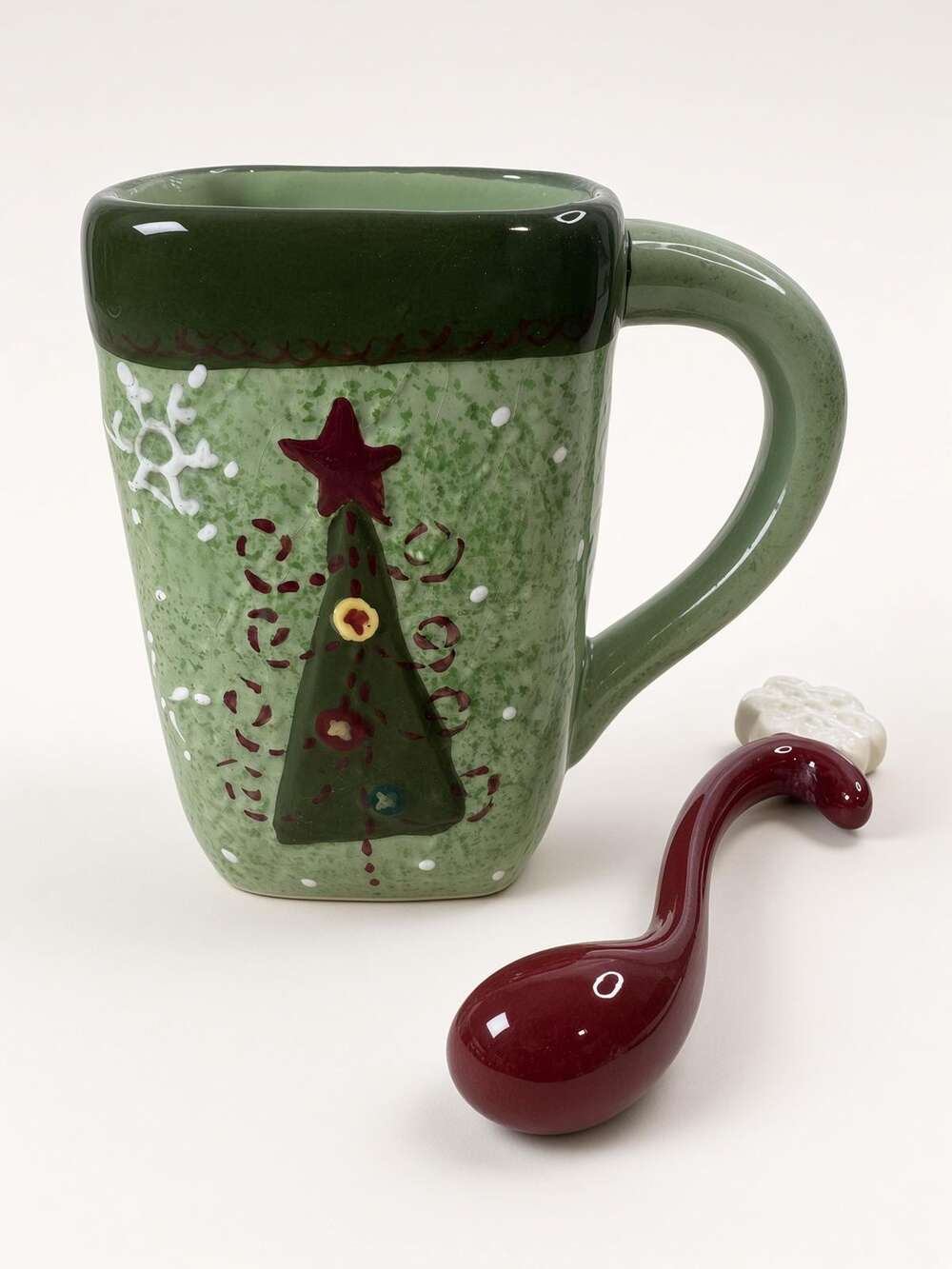 Cracker Barrel Quilt Mug, Ceramic Spoon Set, Green Christmas Tree Cup